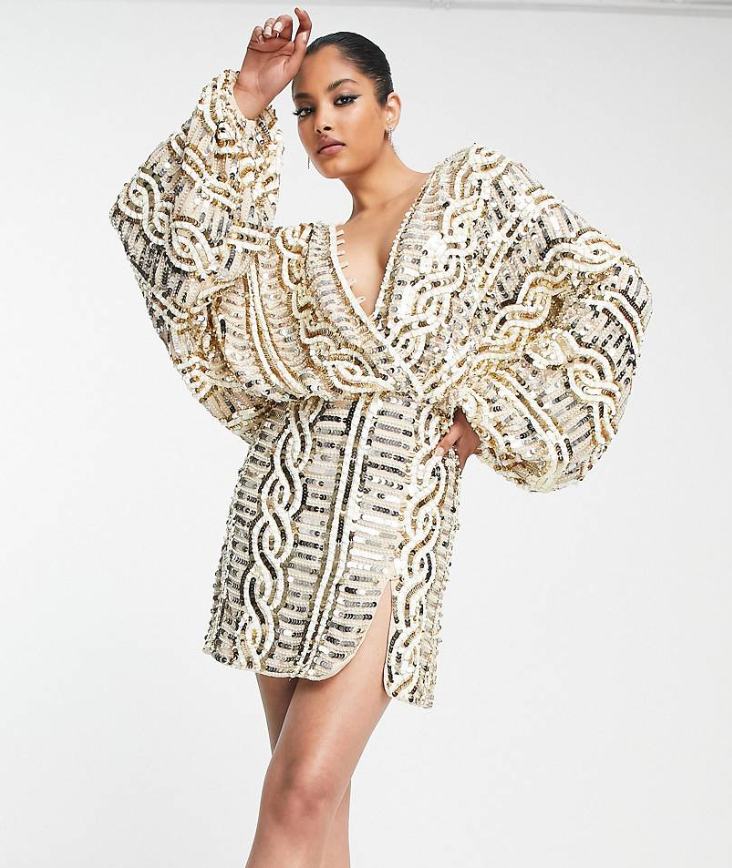 Mini Kimono van Asos - gouden mini-jurk met kabelmotief te huur bij POOMBIES, jurk huren voor gala of feest