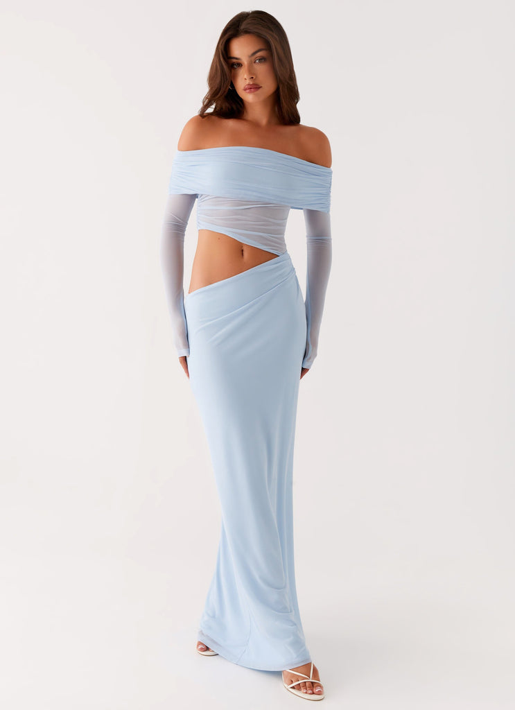 Emery van Peppermayo - off-shoulder jurk van stretch mesh te huur bij POOMBIES, jurk huren voor gala of feest