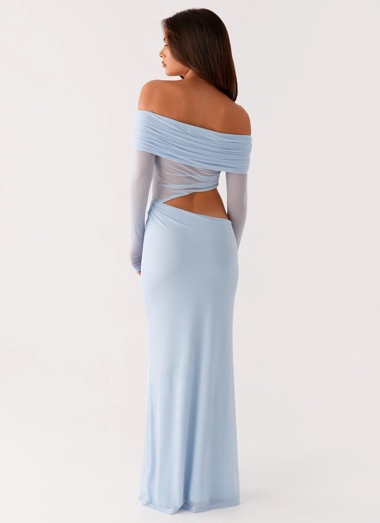 Emery van Peppermayo - off-shoulder jurk van stretch mesh te huur bij POOMBIES, jurk huren voor gala of feest