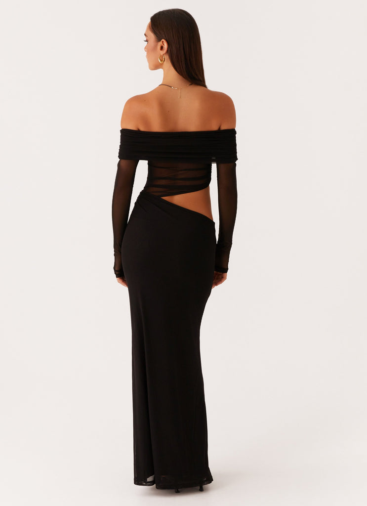 Emery van Peppermayo - off-shoulder jurk van stretch mesh te huur bij POOMBIES, jurk huren voor gala of feest