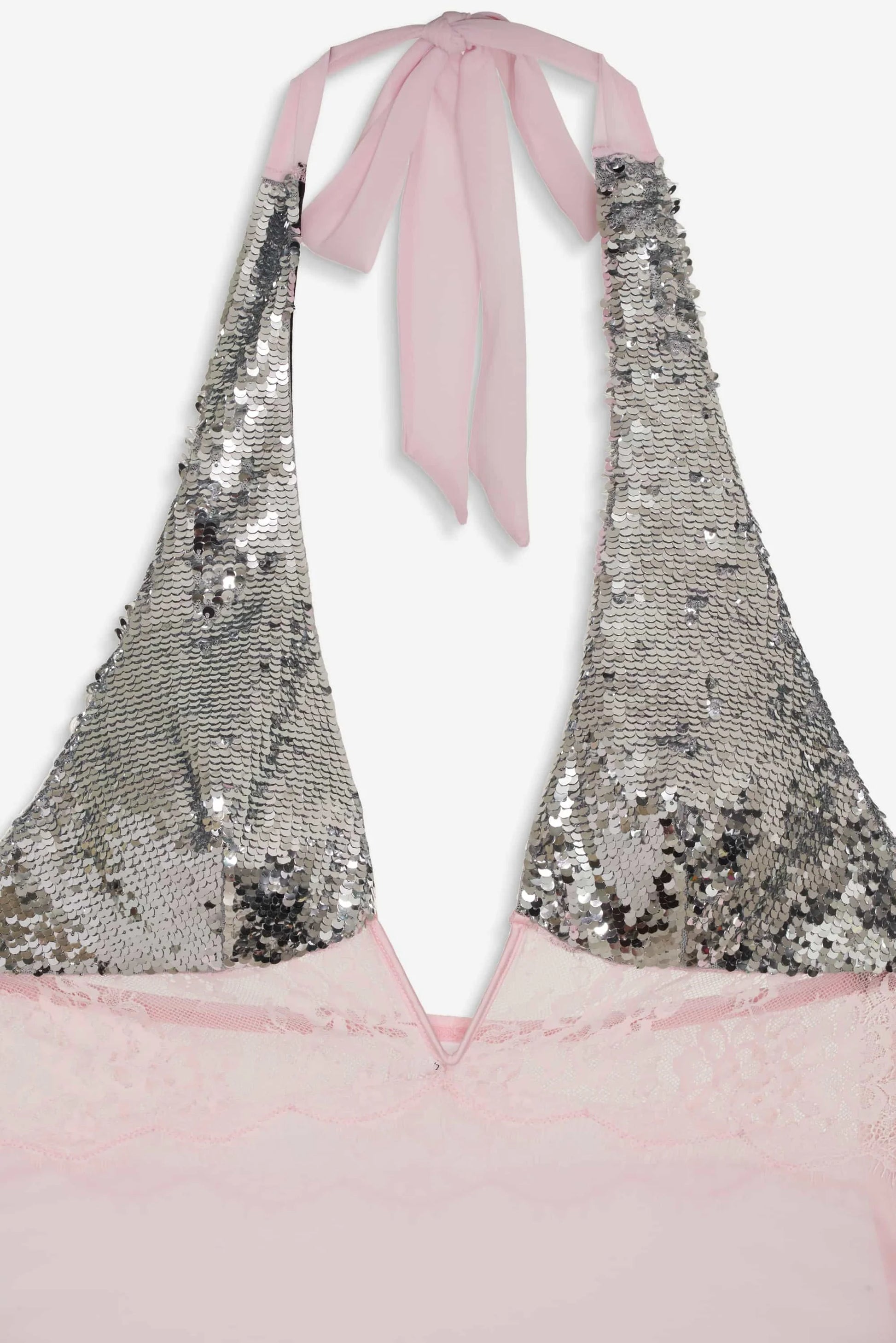 Maia van For Love & Lemons - lange slip jurk in roze chiffon met halter neck te huur bij POOMBIES, jurk huren voor gala of feest