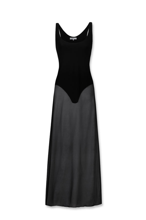 Swan Dress van Insomnia Studio in zwart - semi-transparante maxi jurk met ingelegde bodysuit te huur bij Poombies, jurk huren voor gala, bruiloft of feest